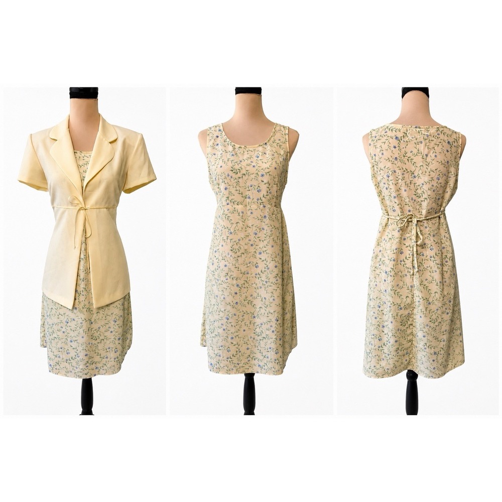 Vintage 1990s My Michelle Butter Yellow 2pc Blazer Dress Floral Sz 14 Y2K Career